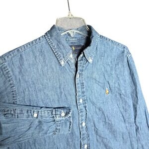 Ralph Lauren Shirt Men's Medium Classic Fit Denim Button Down Blue Flesh Logo
